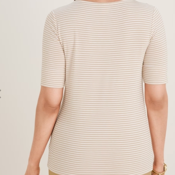 Take all 4 for $15 Chico's Touch of Cool Striped Ballet Elbow Tee. Sand. - Picture 2 of 4